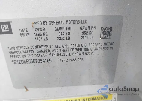 2012 Chevrolet Malibu 2Lt z USA, uszkodzony, nr VIN 1G1ZD5E05CF354169